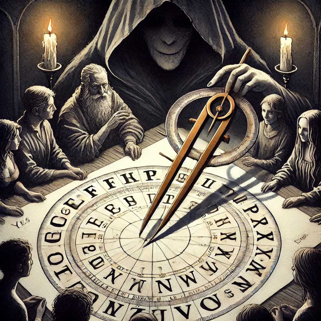 A brincadeira do compasso e a mediunidade. Ilustração de várias pessoas em volta de um círculo com letras do alfabeto e uma entidade trevosa segurando o compasso.