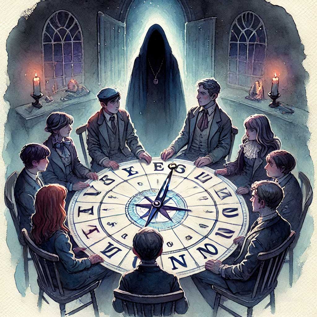 Relato real sobre a brincadeira do compasso. Ilustração de pessoas jogando o jogo e um espírito observando atrás.