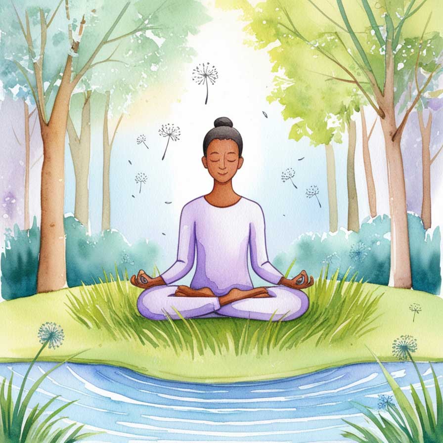 Ilustração de uma mulher praticando mindfulness com a mente serena, tranquila. Formas praticas de se praticar mindfulness.