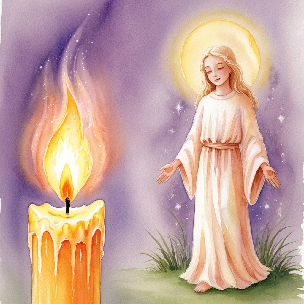 Você sabe qual o significado da chama da vela? Ilustração de uma vela queimando e o espírito de luz feminina, com cabelos longos loiros e usando túnica.