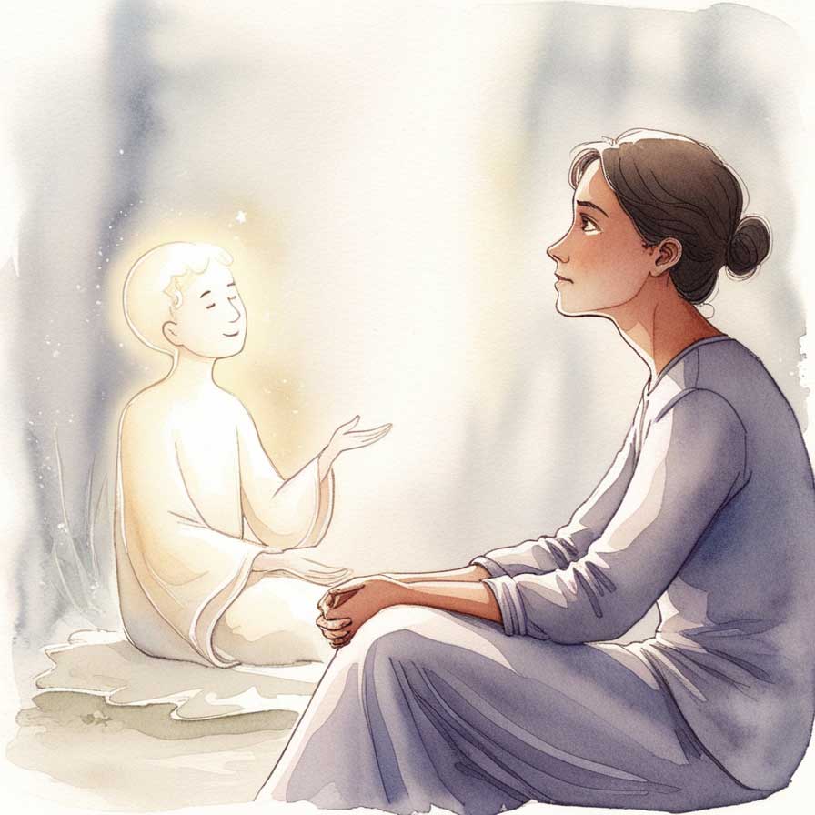 Descobri que sou médium, o que fazer? Ilustração em aquarela de uma mulher olhando o vazio pensando e um espírito iluminado falando com ela sorrindo.