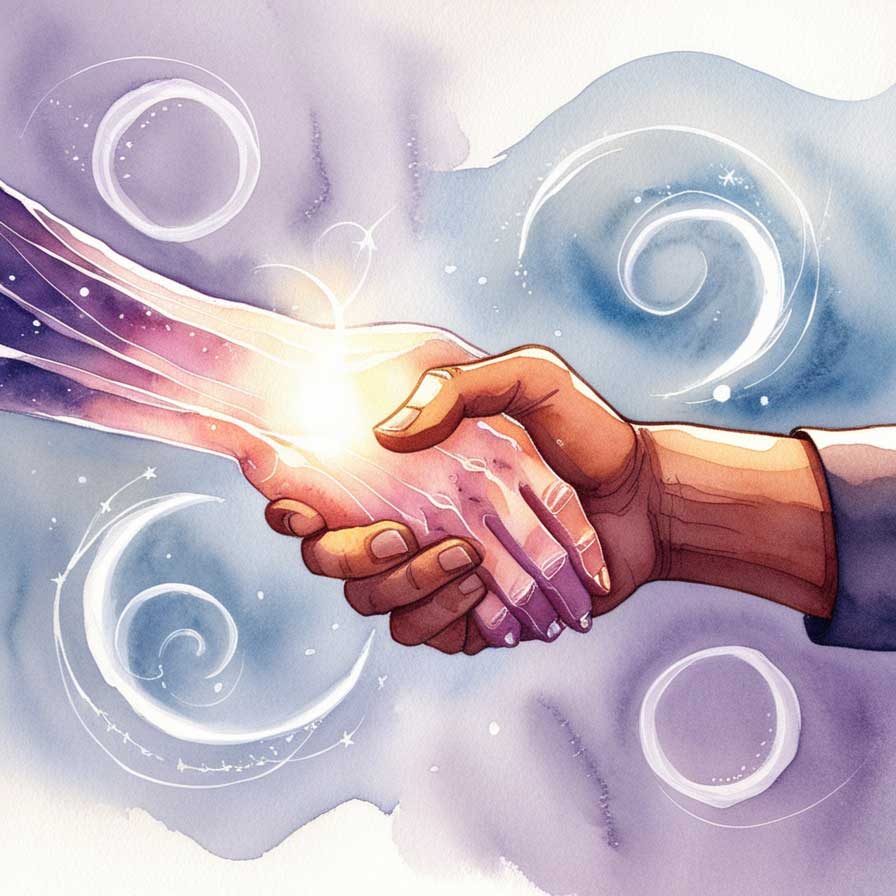 Sou médium e agora? Imagem em aquarela de um aperto de mão entre um espírito e um humano encarnado.
