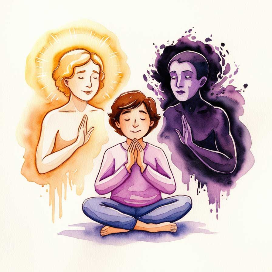 Não quero ser médium, posso? Ilustração em aquarela de uma pessoa sentada meditando e orando, ao lado duas entidades, uma com aura clara e outra com aura escura.