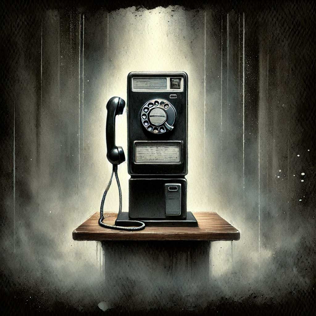 Telefone preto em um pedestal iluminado e com névoa astral. Conheça a explicação espiritualista sobre o filme O telefone preto.