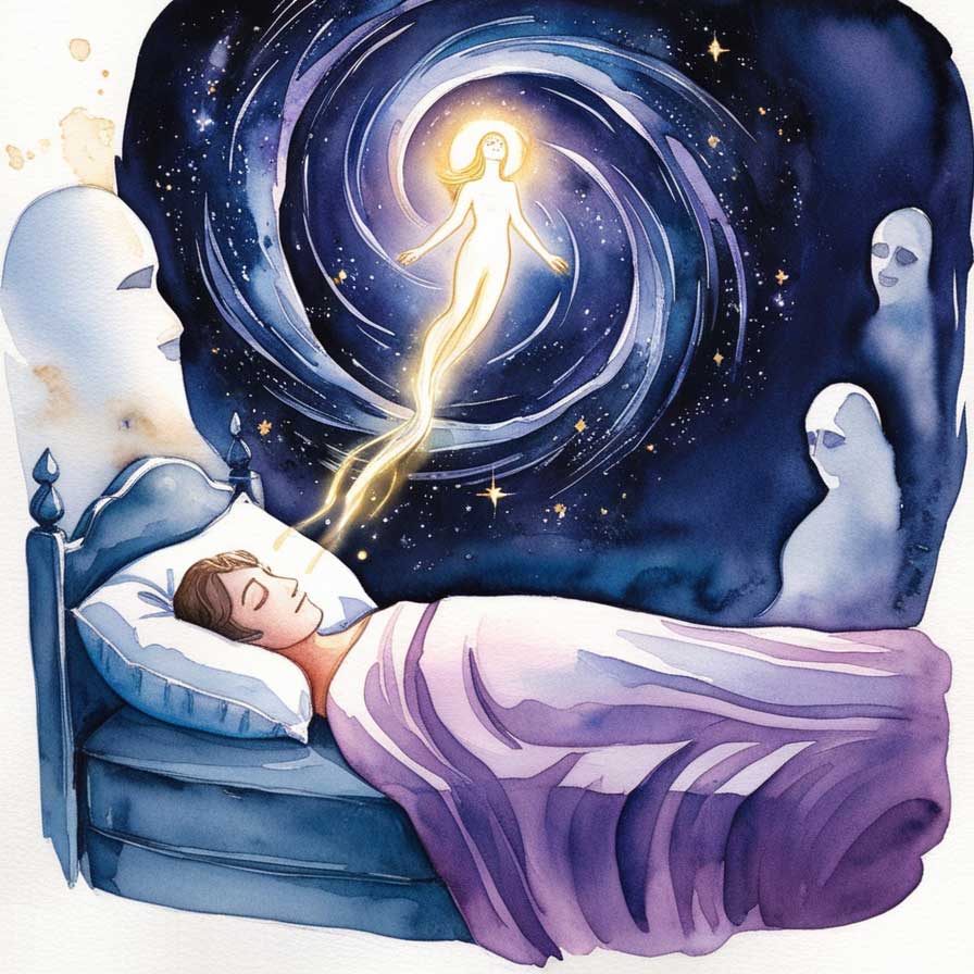 Será que a projeção astral é perigosa? Ilustração de uma pessoa dormindo em uma cama e o espírito saindo do corpo para o astral.