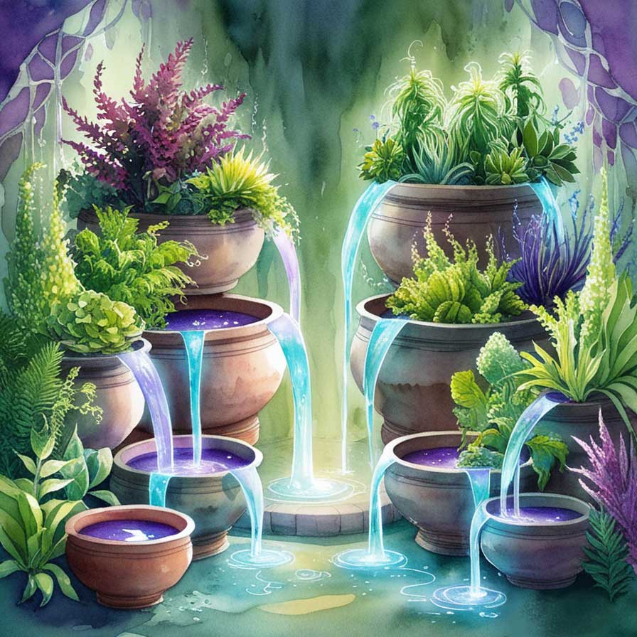Como fazer o banho de ervas corretamente? Ilustração de várias plantas em vasos jorrando águas energizadas.